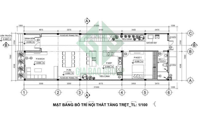 Mặt bằng tầng trệt của mẫu biệt thự mini 2 tầng
