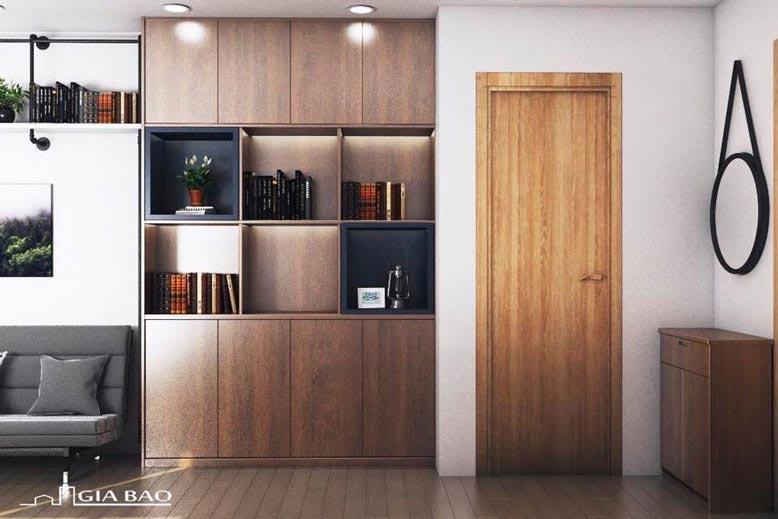 Kệ sách và gương trong treo tường mang nét hiện đại cho thiết kế căn hộ 1 phòng ngủ tphcm