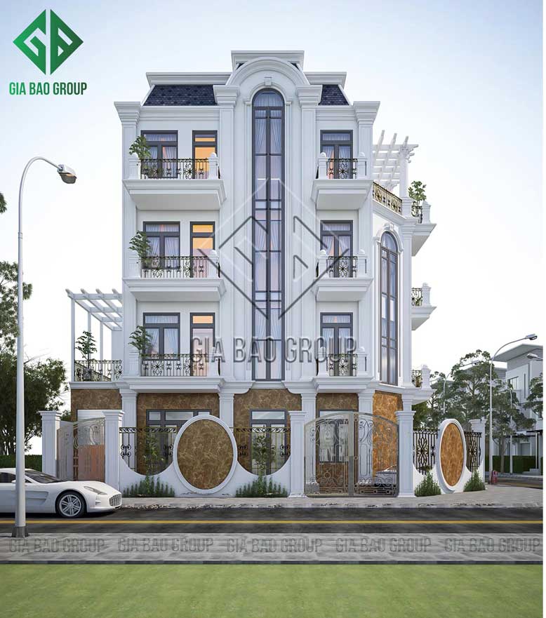 Mặt tiền của biệt thự 4 tầng tân cổ điển đẹp kiêu sa, lộng lẫy