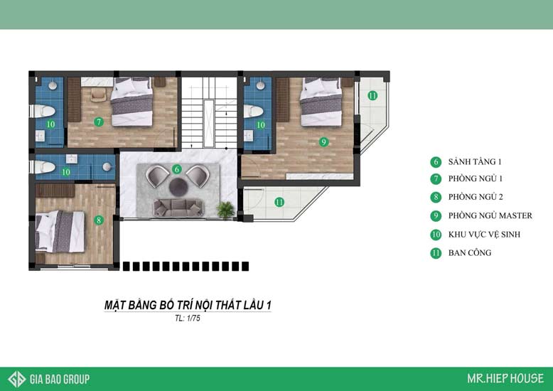 Bản thiết kế biệt thự 3 tầng cho lầu 1
