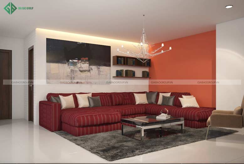 Thiết kế nội thất căn hộ Penthouse cho phòng khách với bộ ghế sofa màu đỏ sang chảnh và nổi bật