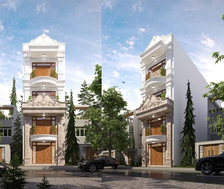 Mẫu nhà phố tân cổ điển 4 tầng sang trọng với cửa chính được ốp gỗ nâu