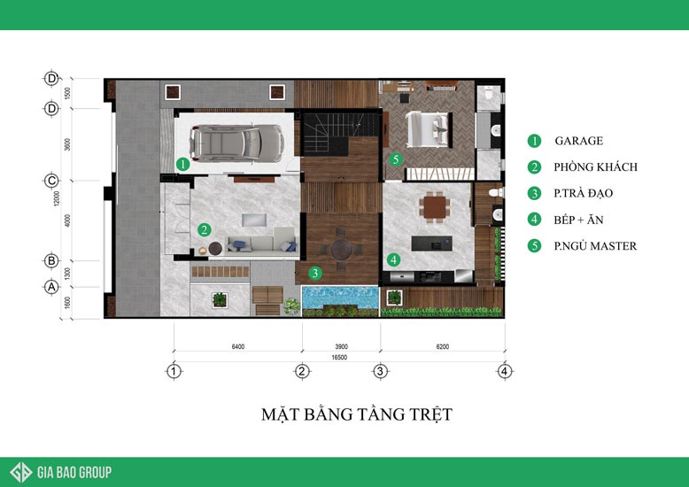 Mặt bằng tầng trệt biệt thự hiện đại mái ngói