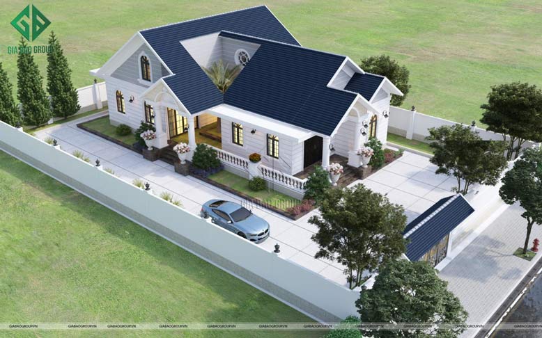 Sân vườn rộng rãi của biệt thự một trệt mái ngói hiện đại