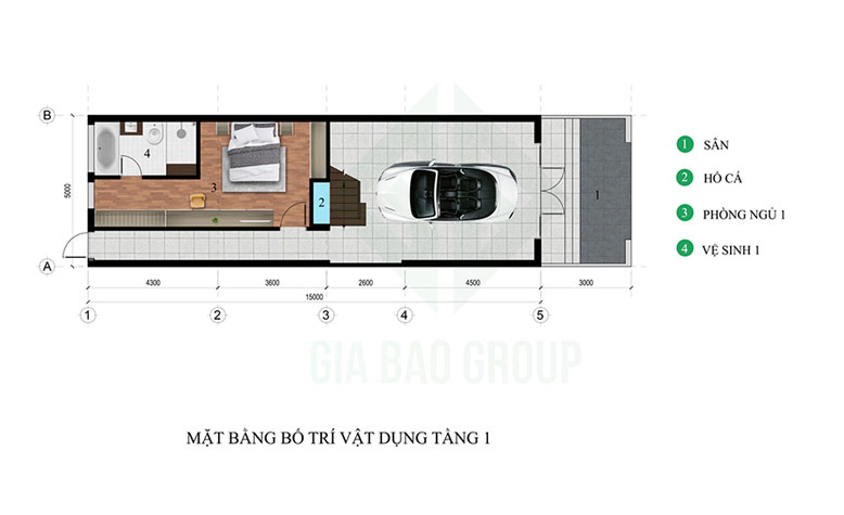 Mặt bằng tầng 1 của nhà phố 3 tầng hiện đại