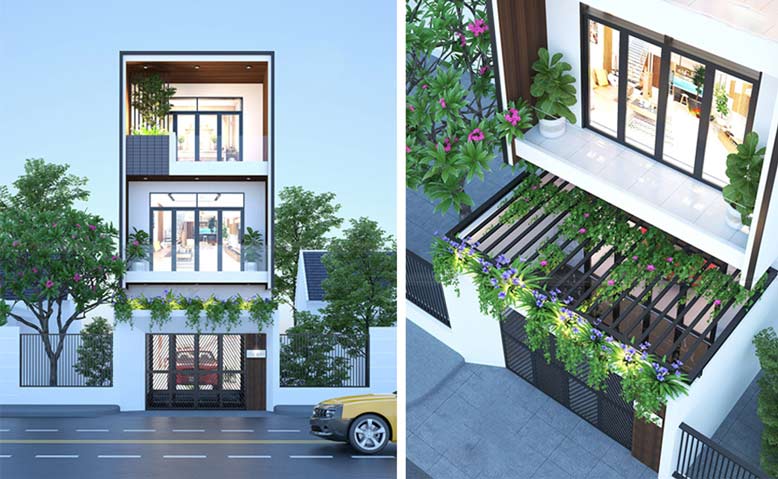 Phối cảnh thi công nhà phố 3 tầng hiện đại, gần gũi với thiên nhiên