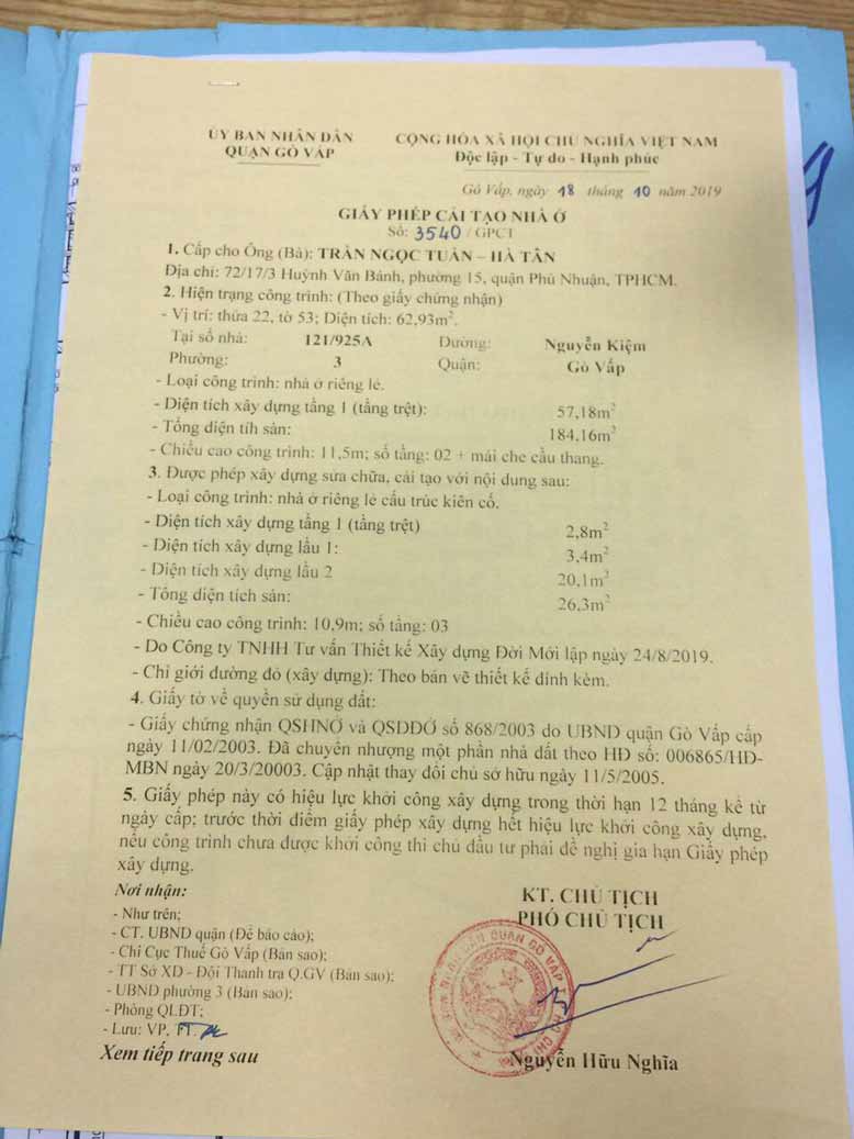 giấy phép cho phép cải tạo nhà phố