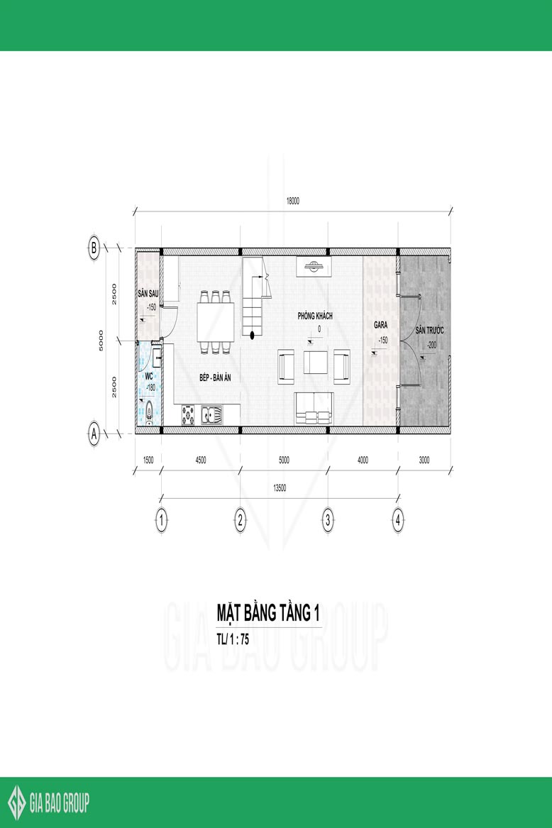 Bãn vẽ không gian tầng 1 được sắp xếp 1 cách hợp lý của mẫu thiết kế nhà phố 1 trệt 3 lầu đẹp tại đồng nai 