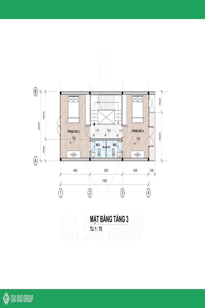 Mặt bằng bản vẽ tầng 3 của mẫu nhà phố 1 trệt 3 lầu đẹp