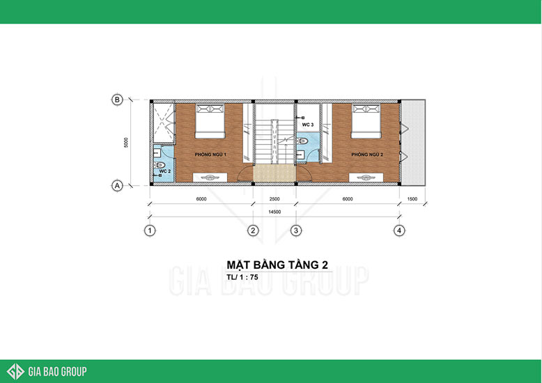 Bản vẽ mặt bằng tầng 2 của nhà phố 3 tầng tân cổ điển