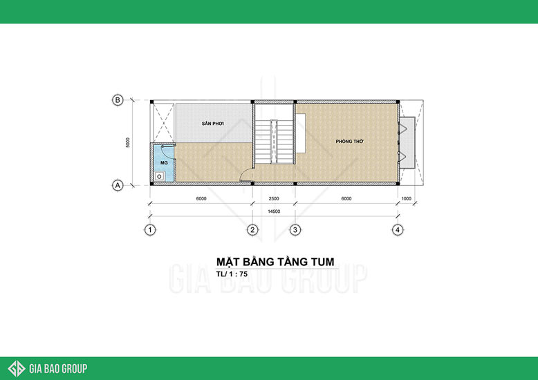 Mặt bằng tầng tum gồm không gian thờ cúng của nhà phố 3 tầng tân cổ điển