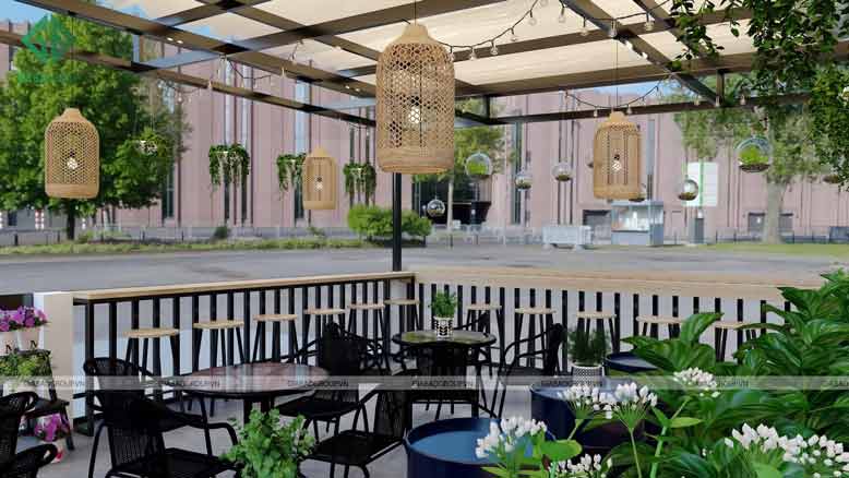 Kết hợp tiểu cảnh tăng thêm sự tươi mới cho thiết kế quán cafe đẹp