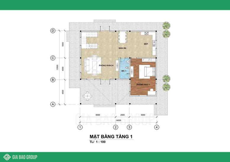 Mặt bằng tầng 1 của biệt thự 2 tầng