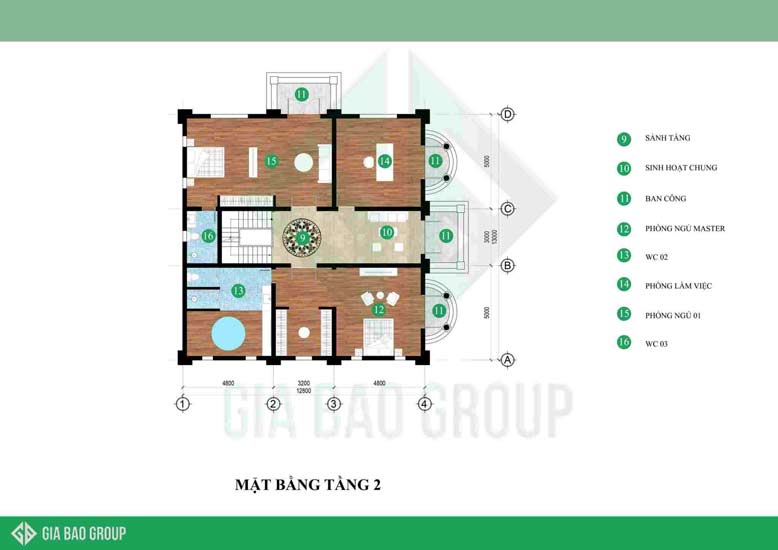 Mặt bằng tầng 2 bố trí thuận tiện cho sinh hoạt