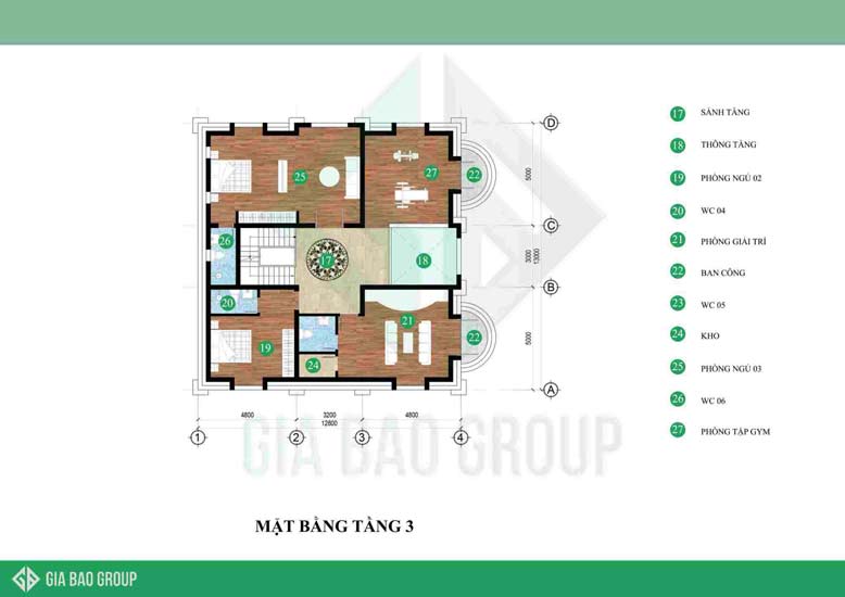 Mặt bằng tầng 3 của mẫu biệt thự cổ điển