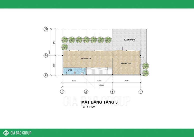 Mặt bằng tầng 3 mẫu nhà phố 3 tầng