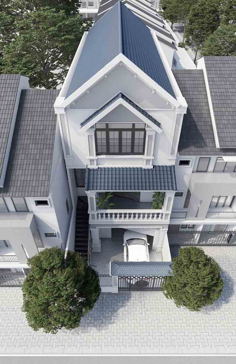 Tổng quan ngoại thất nhà phố mái ngói bên ngoài