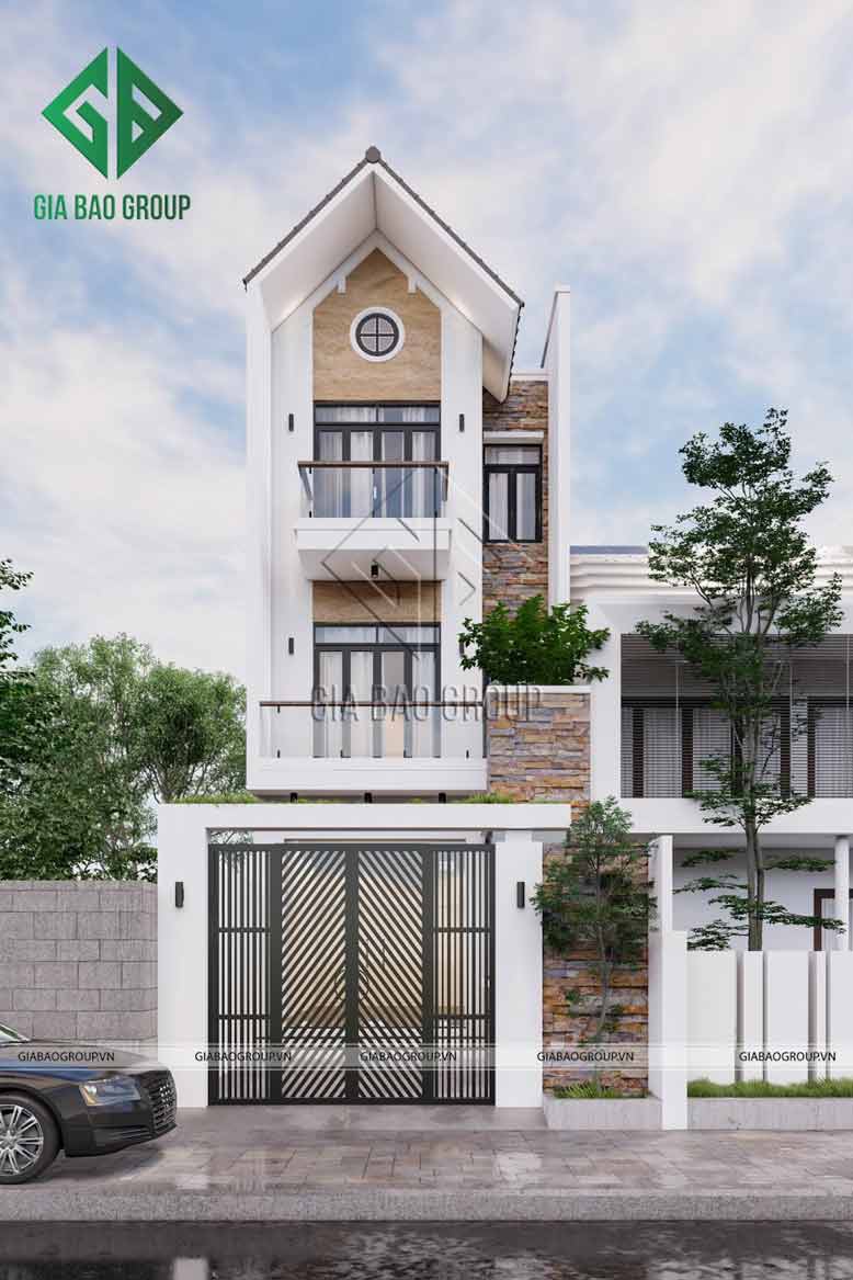 Nhà phố mái ngói với màu nâu phối trắng