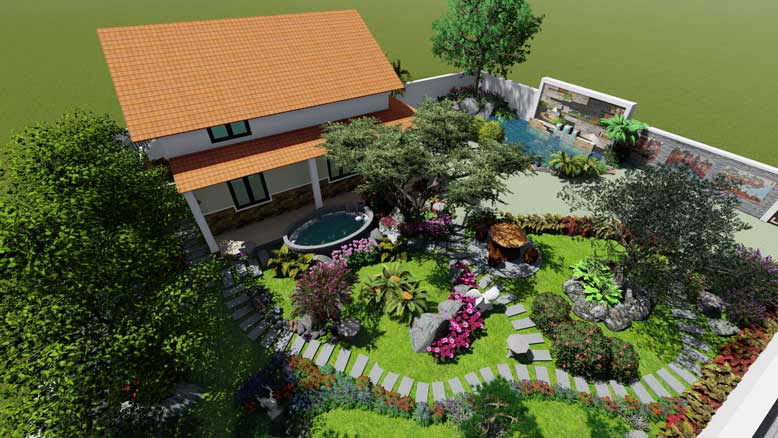 Nhà cấp 4 sân vườn mang không gian sống xanh và thoáng mát cho khách hàng.