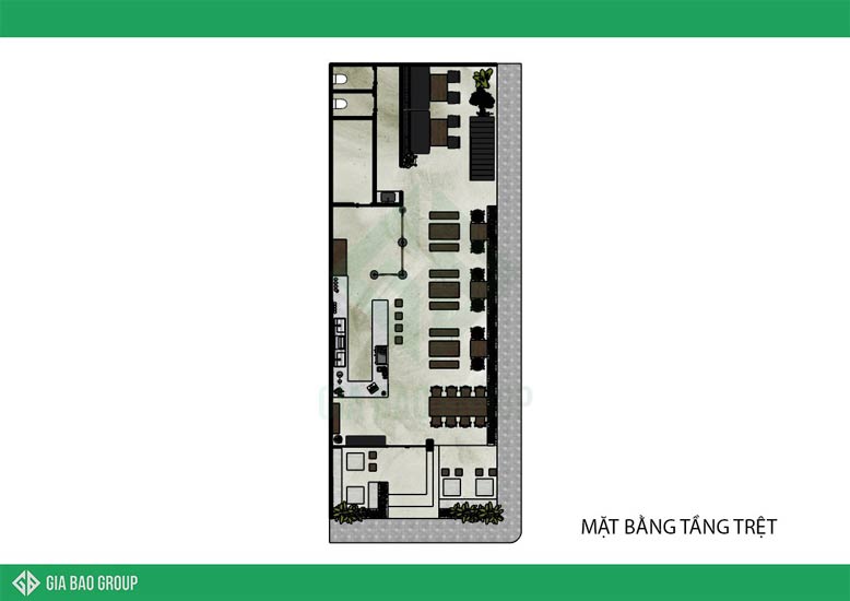 Mằt bằng tầng trệt của thiết kế nội thất quán cafe đẹp