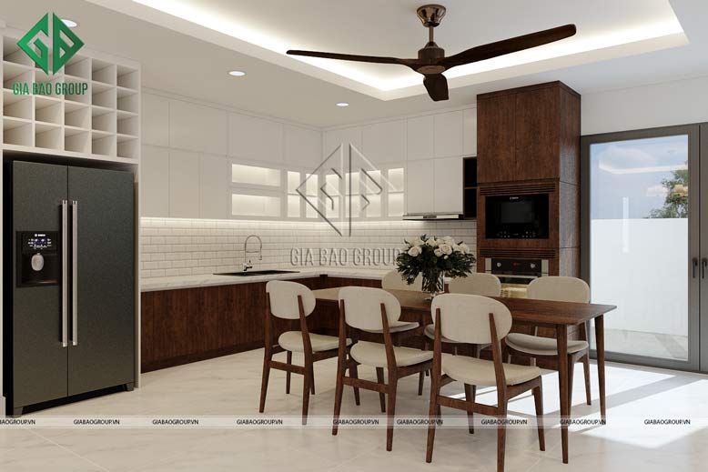 Thi công nội thất biệt thự với không gian bếp gọn gàng