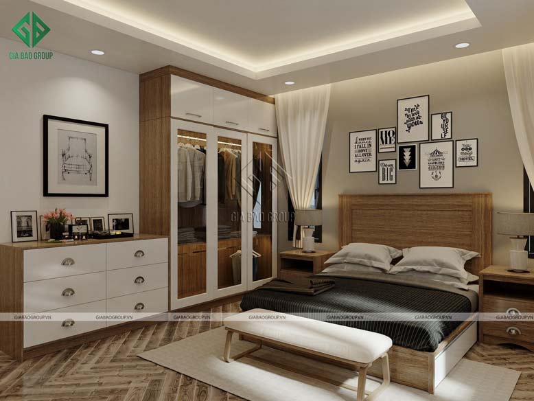 Phòng ngủ được thiết kế với nội thất gỗ ấm áp