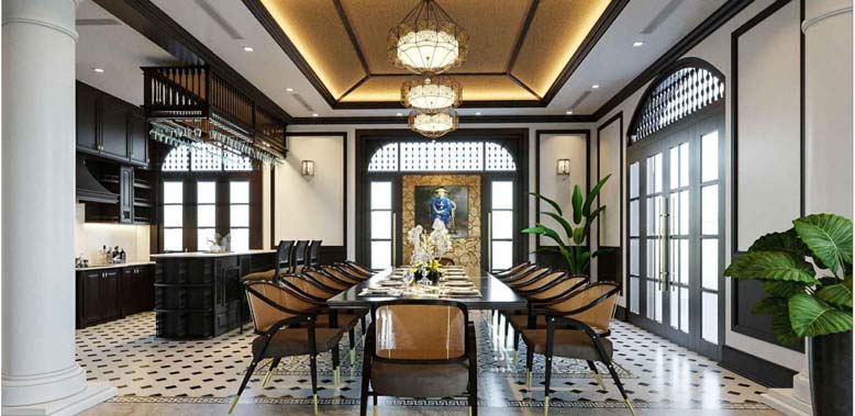 Đèn trần trên bàn ăn tạo điểm nhấn nổi bật cho không gian phòng bếp