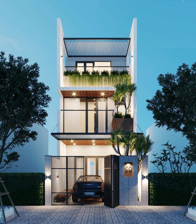 Nhà đẹp lệch tầng, ban công trang trí cây xanh tươi mát