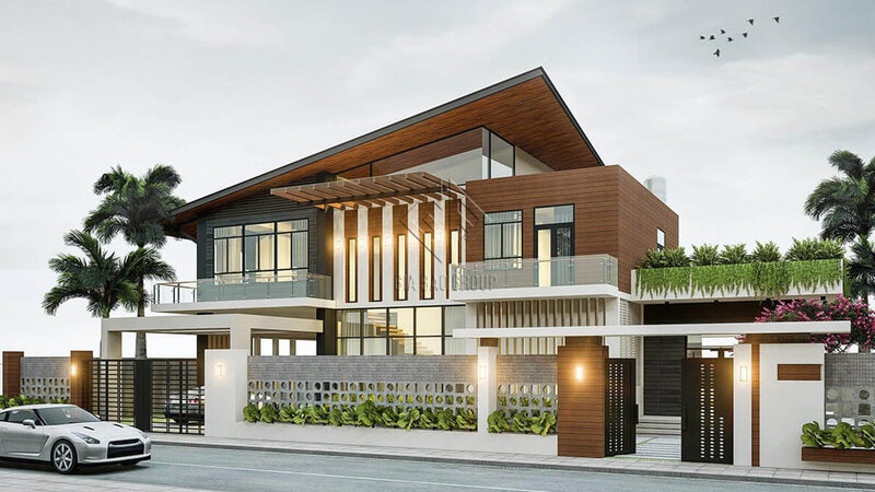 Mẫu nhà phố hiện đại 2 tầng mái lệch