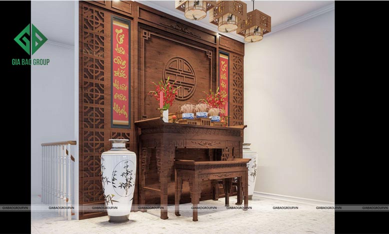 Không gian phòng thờ trang trí vô cùng trang nghiêm