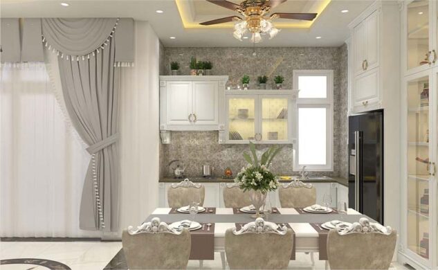 Phòng bếp được bố trí ngăn nắp, gọn gàng