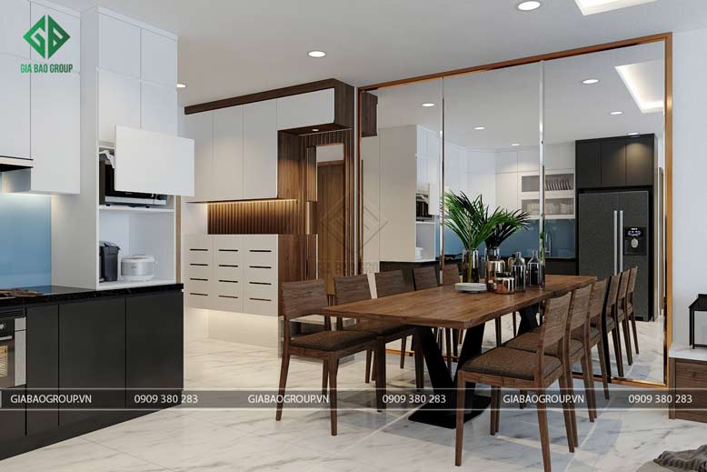 Bàn ăn được chính giữa khu vực liên thông với nhà bếp