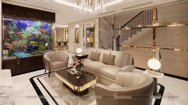 Phòng khách tầng 2 với thiết kế nội thất tân cổ điển