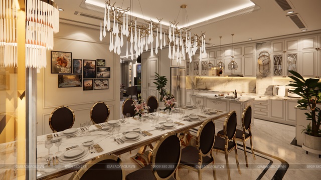 Phòng ăn tầng 2 với thiết kế nội thất tân cổ điển