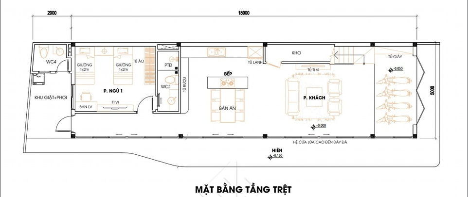 Mặt bằng công năng tầng trệt nhà phố hiện đại