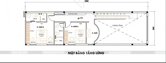 Mặt bằng côn năng tầng lửng nhà phố hiện đại