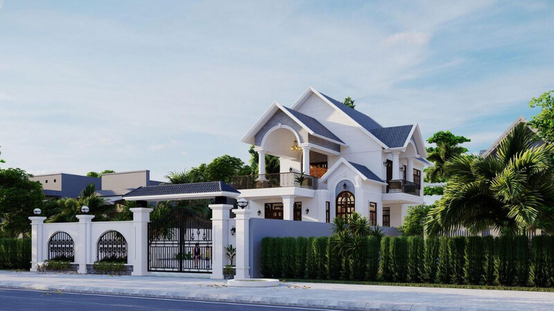 Biệt thự mái thái thiết kế ấn tượng với tone trắng chủ đạo thuần khiết, sang trọng