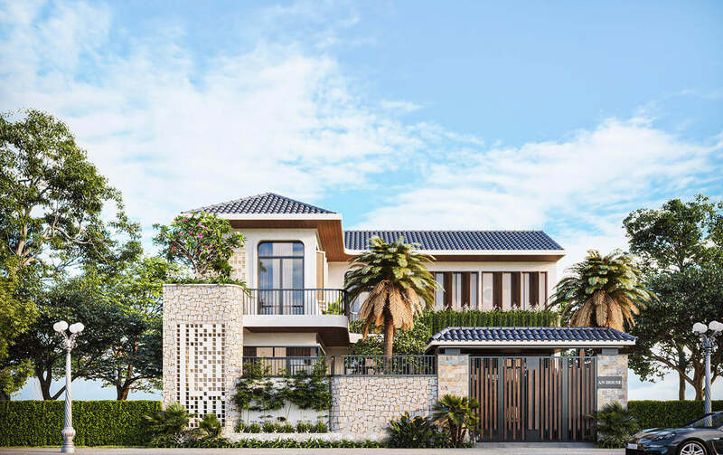 Biệt thự mái thái 1 trệt 1 lầu kết hợp cây xanh mát mẻ