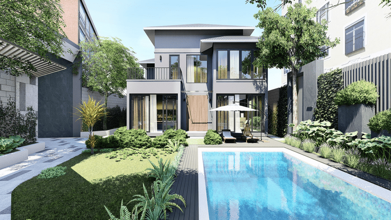 Mẫu biệt thự nhà vườn 1 trệt 1 lầu có hồ bơi mát mẻ