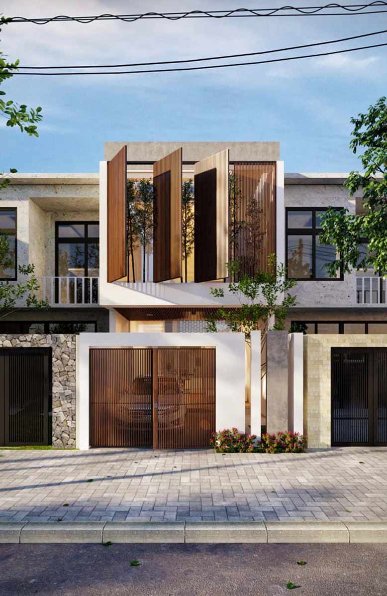 Thiết kế nhà ống 2 tầng đẹp với thiết kế lam gỗ