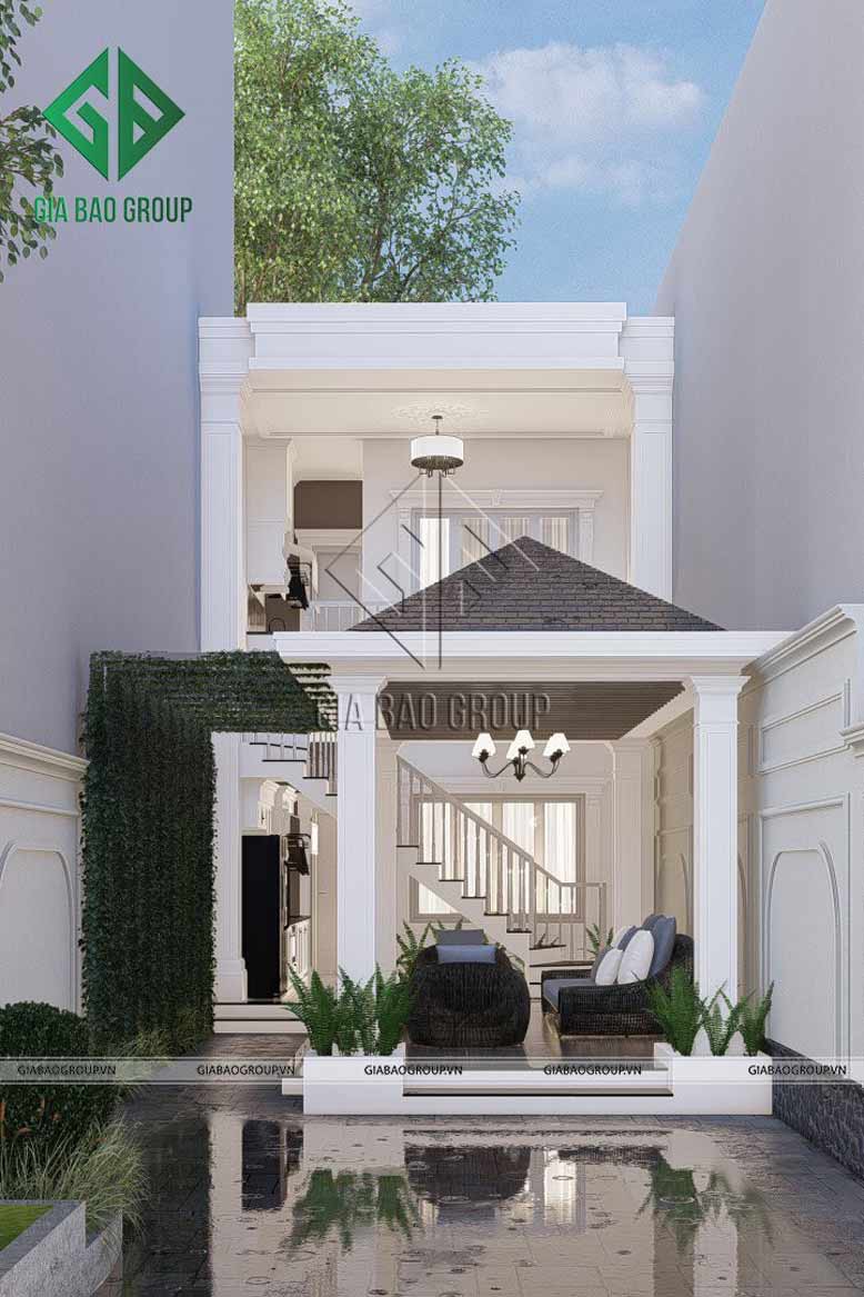 Thiết kế nhà ống 2 tầng với ngoại thất kiểu Châu Âu sang trọn