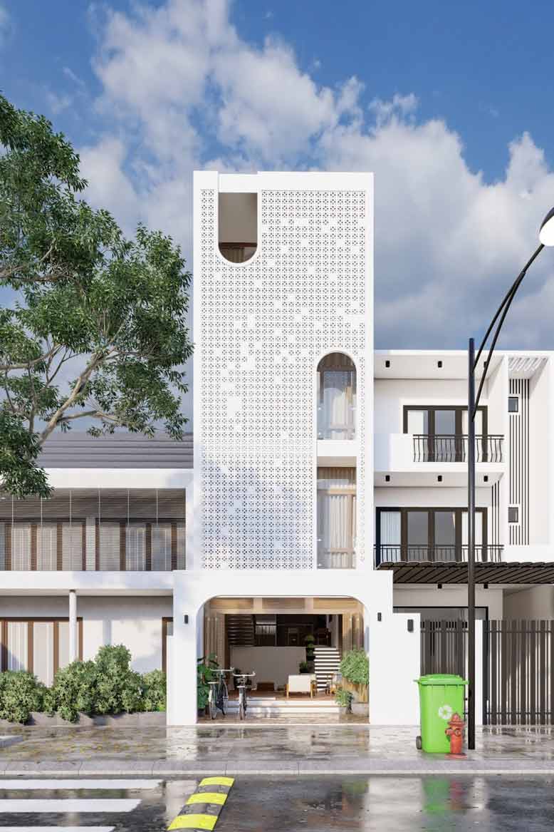 Gạch bông gió ấn tượng trong thiết kế nhà 4 tầng hiện đại