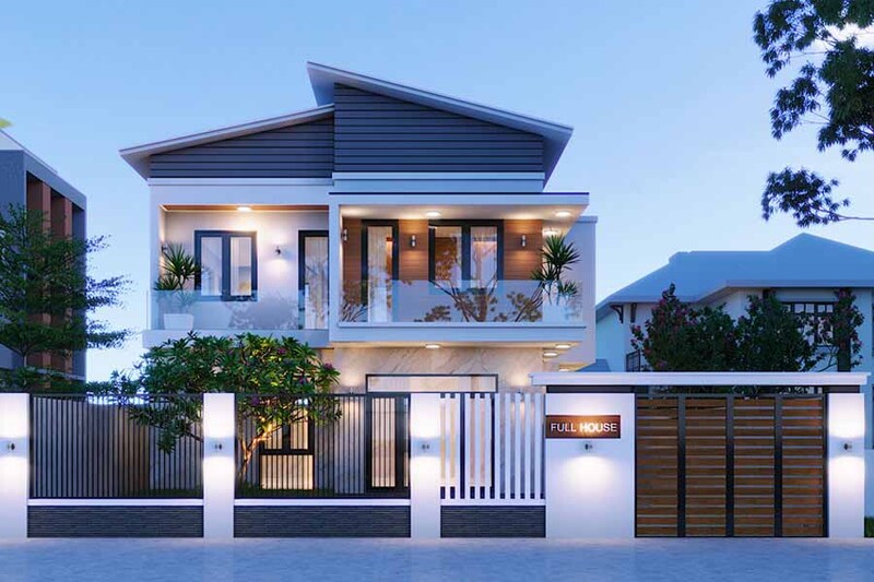 Mẫu biệt thừ 2 tầng với phần mái lệch
