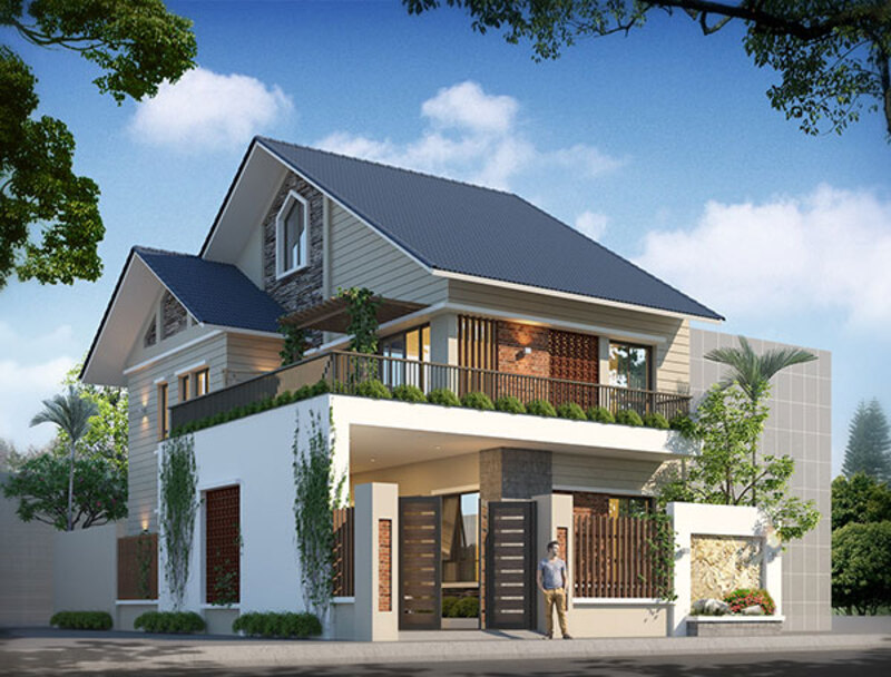 Mẫu biệt thự 2 tầng với phần mái dốc