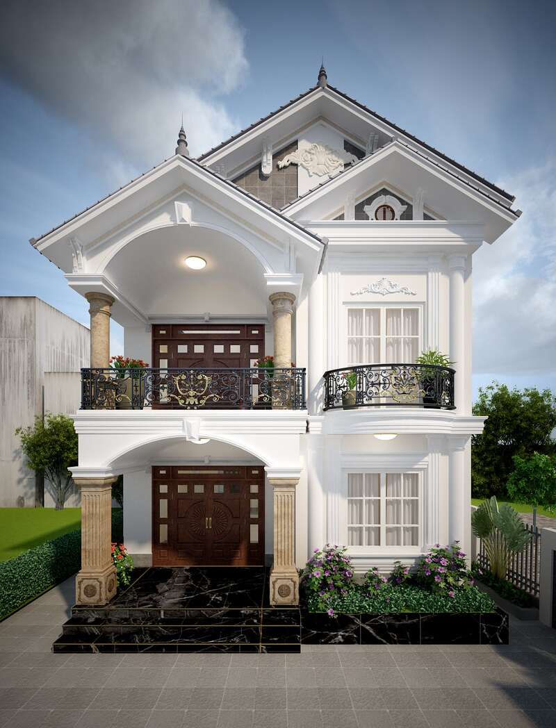 Thiết kế biệt thự mái thái 2 tầng dạng ống