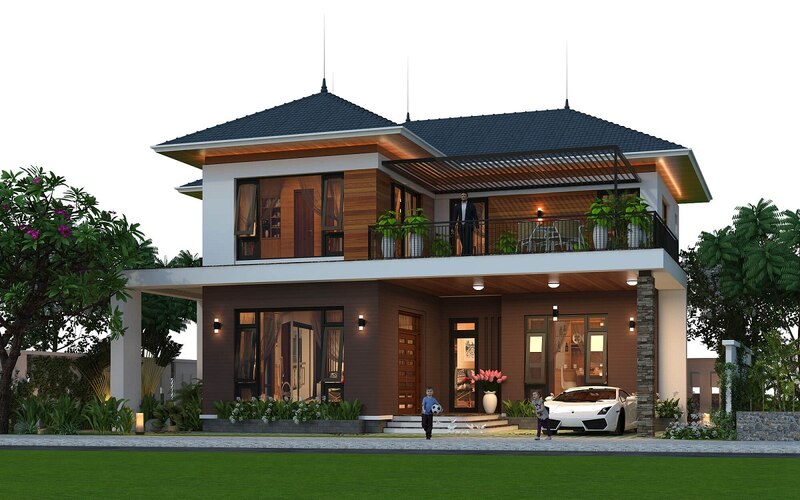 Biệt thự mái thái 2 tầng kết hợp sân vườn tạo không gian sống xanh