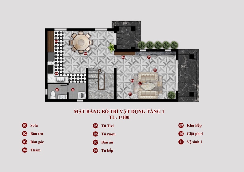 Mặt bằng bố trí tầng 1 nhà phố 6m 2 tầng