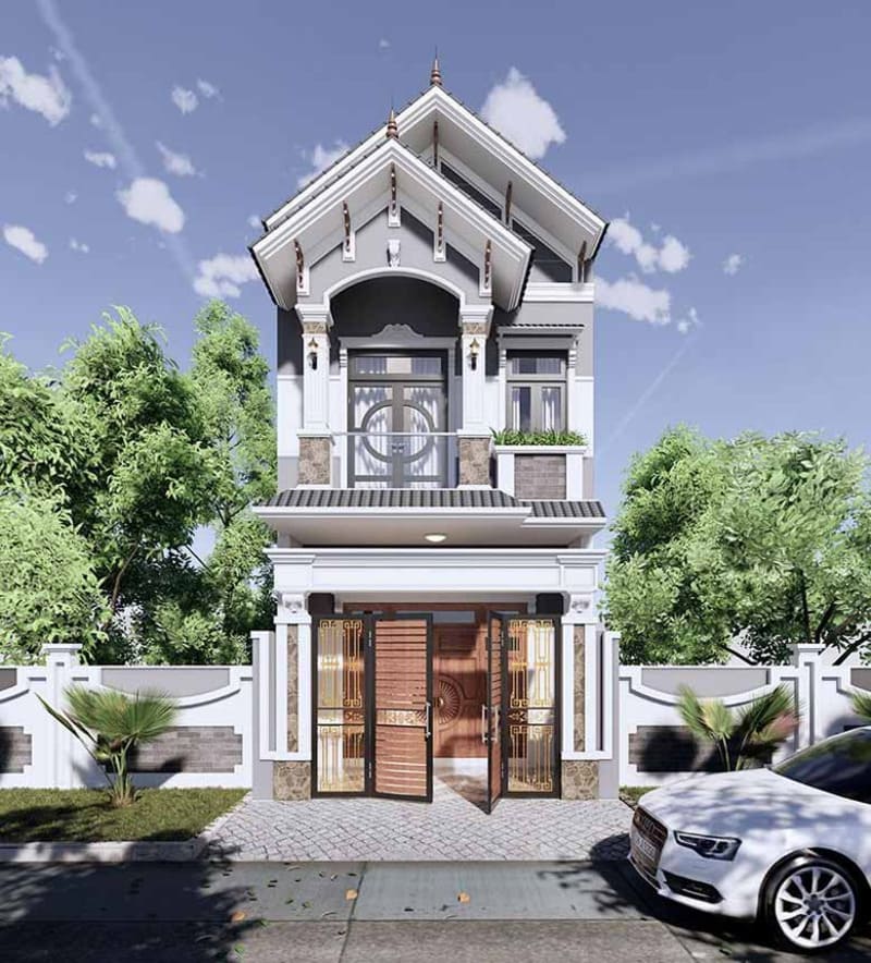 Thiết kế nhà phố mái thái 2 tầng 4 phòng ngủ