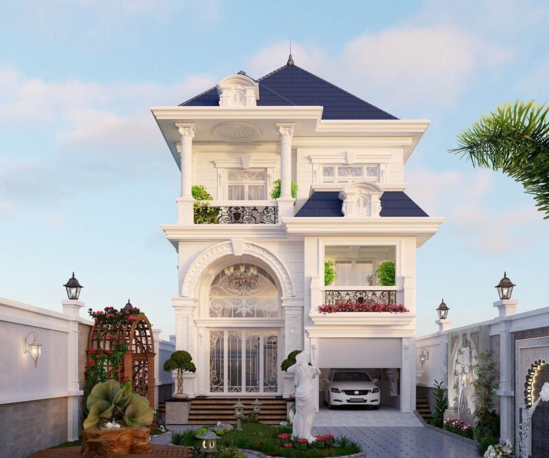 Mẫu nhà phố kiểu pháp 2 tầng mái lệch