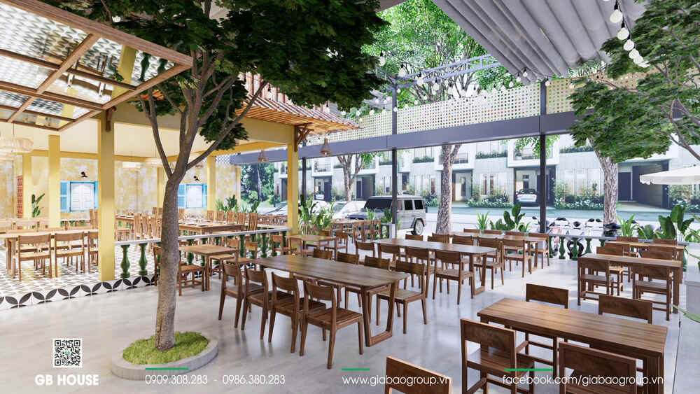Không gian bàn ghế sắp xếp hợp lý tận dụng ánh sáng tự nhiên và cây xanh tạo sự dễ chịu